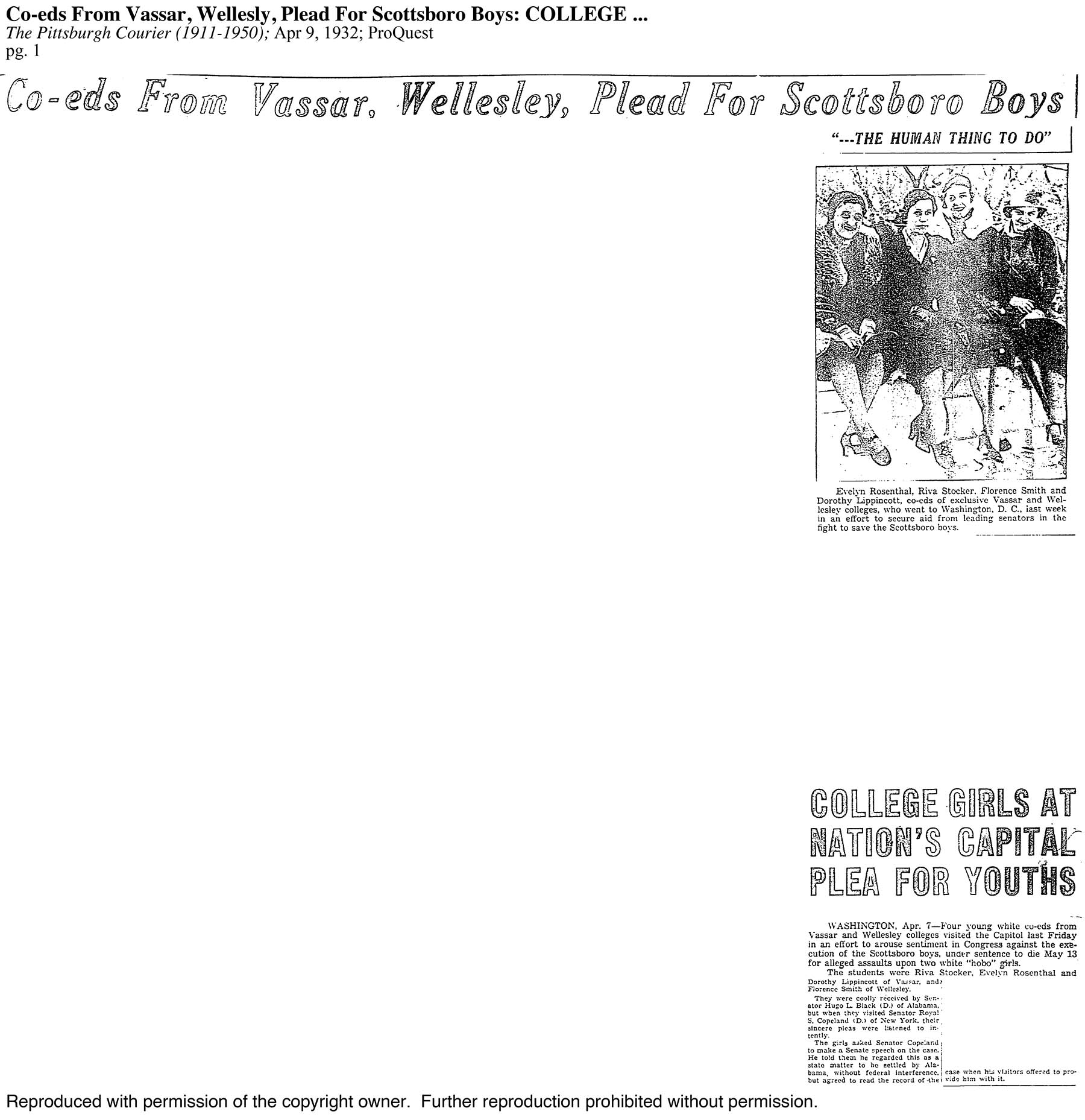 Original article scan for Co-eds From Vassar, Wellesly, Plead For Scottsboro Boys; The Pittsburgh Courier (1911-1950); Apr 9, 1932; ProQuest pg. 1