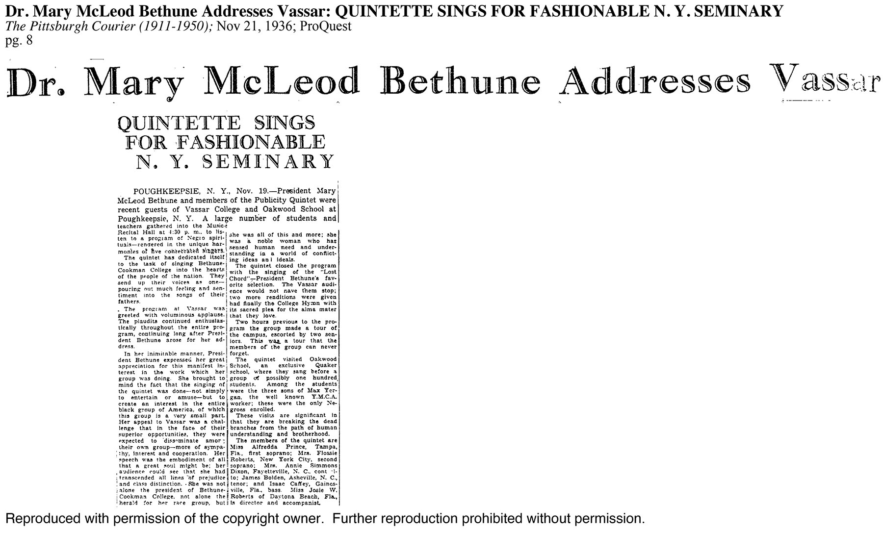 Original article scan for Dr. Mary McLeod Bethune Addresses Vassar: Quintette Sings for Fashionable N.Y. Seminary; The Pittsburgh Courier (1911-1950); Nov 21, 1936; ProQuest pg. 8