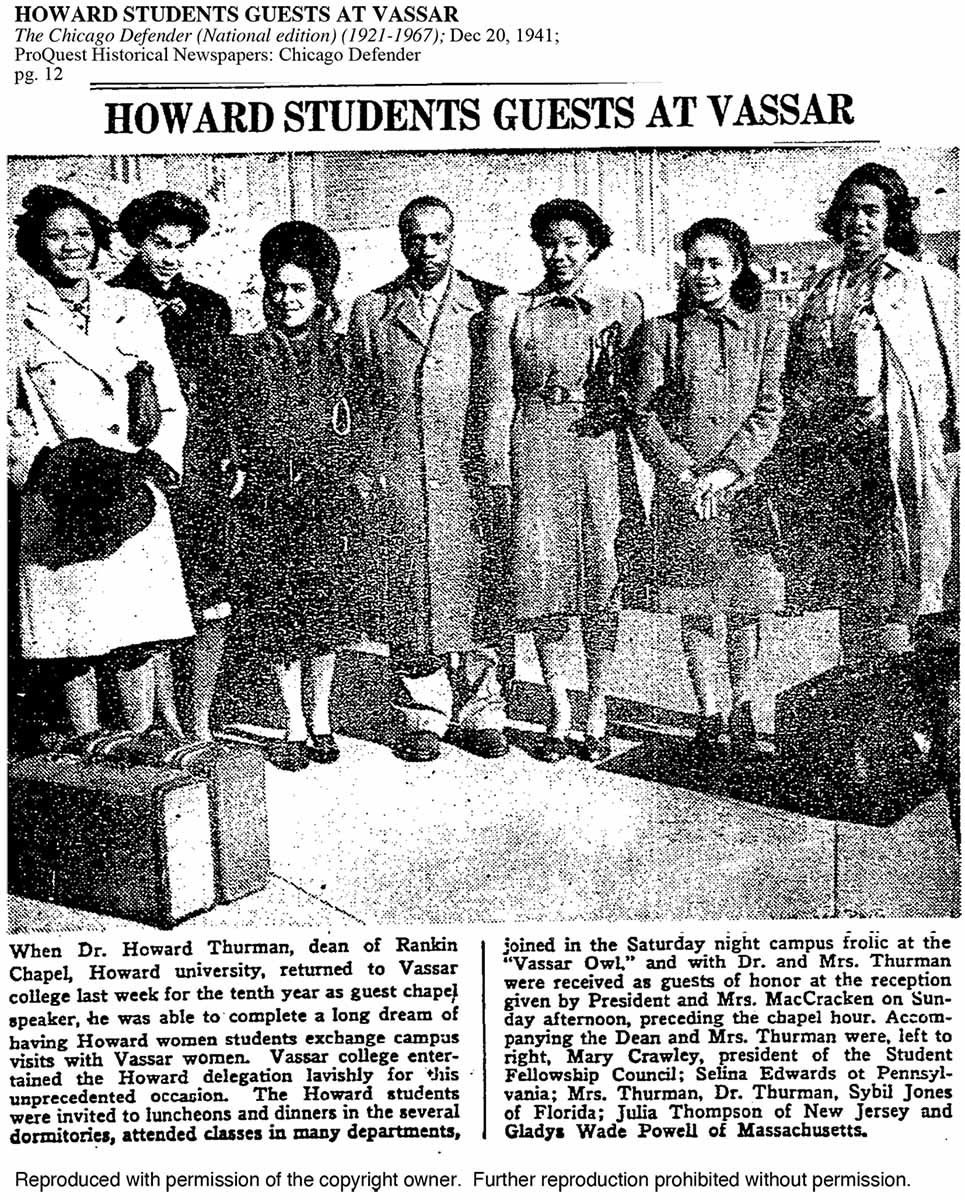 Original article scan for Howard Students Guests at Vassar; The Chicago Defender (National edition) (1921-1967); Dec 20, 1941; ProQuest Historical Newspapers: Chicago Defender pg. 12