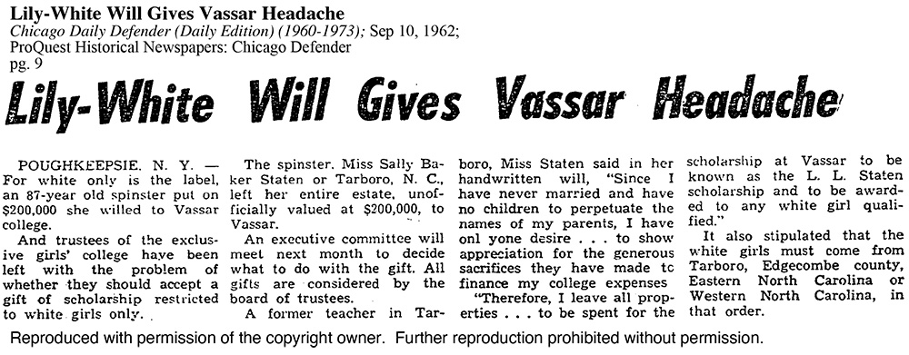 Original article scan for Lily-White Will Gives Vassar Headache, Chicago Daily Defender (Daily Edition) (1960-1973); Sep 10, 1962; ProQuest Historical Newspapers: Chicago Defender, pg. 9.