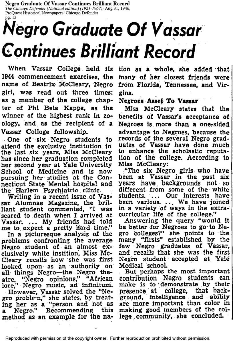 Original article scan for Negro Graduate Of Vassar Continues Brilliant Record; The Chicago Defender (National edition) (1921-1967); Aug 31, 1946; ProQuest Historical Newspapers: Chicago Defender pg. 13.