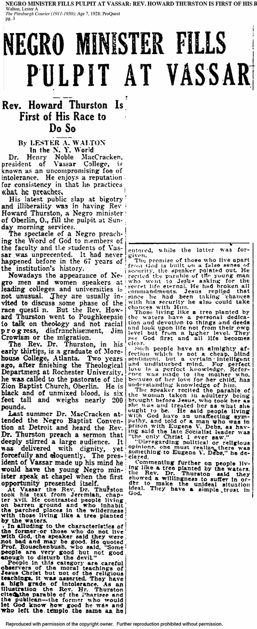 Original article scan for Negro Minister Fills Pulpit at Vassar: Rev. Howard Thurston is First of His Race to Do So; Walton, Lester A; The Pittsburgh Courier (1911-1950); Apr 7, 1928; ProQuest pg. 3
