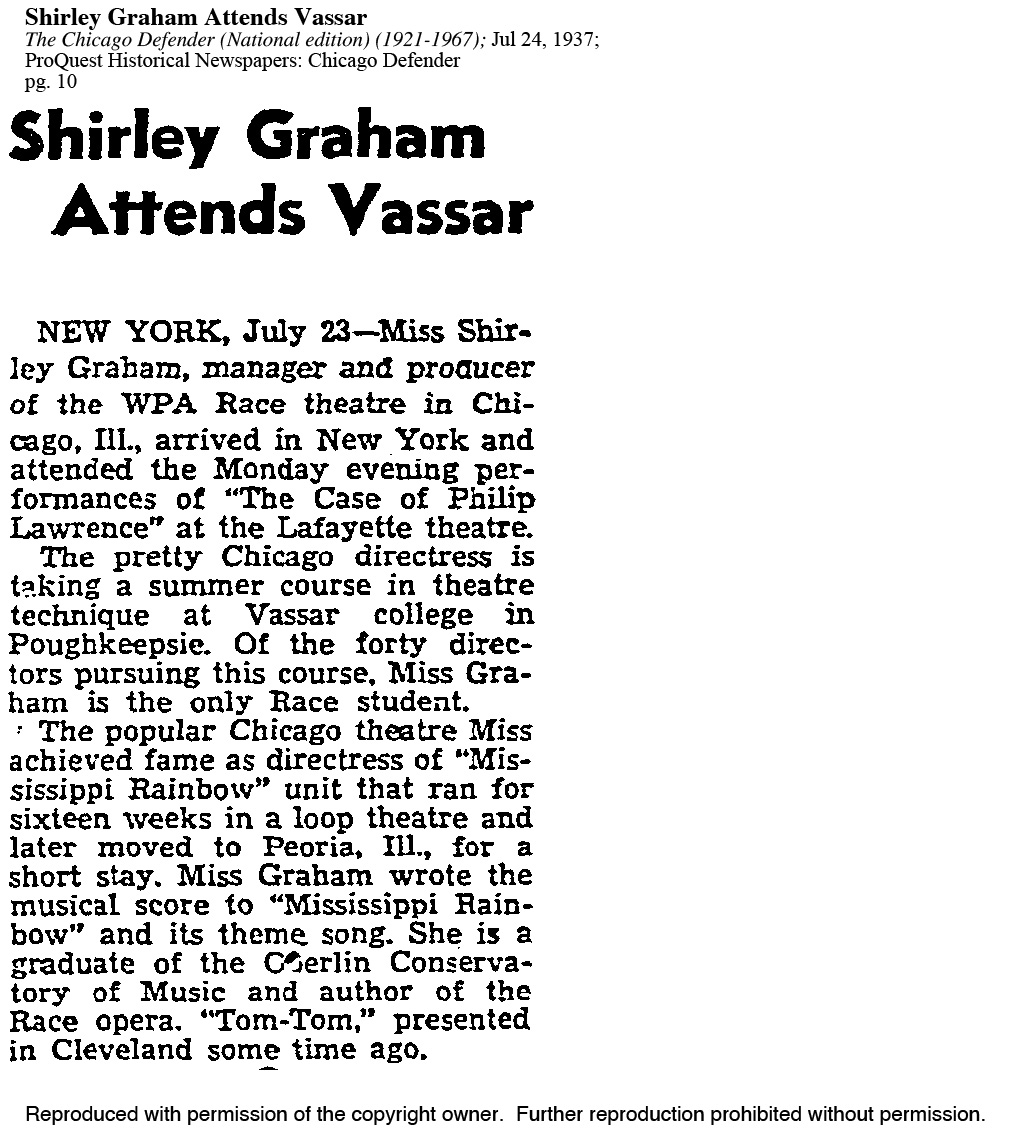 Original article scan for Shirley Graham Attends Vassar; The Chicago Defender (National edition) (1921-1967); Jul 24, 1937; ProQuest Historical Newspapers: Chicago Defender pg. 10