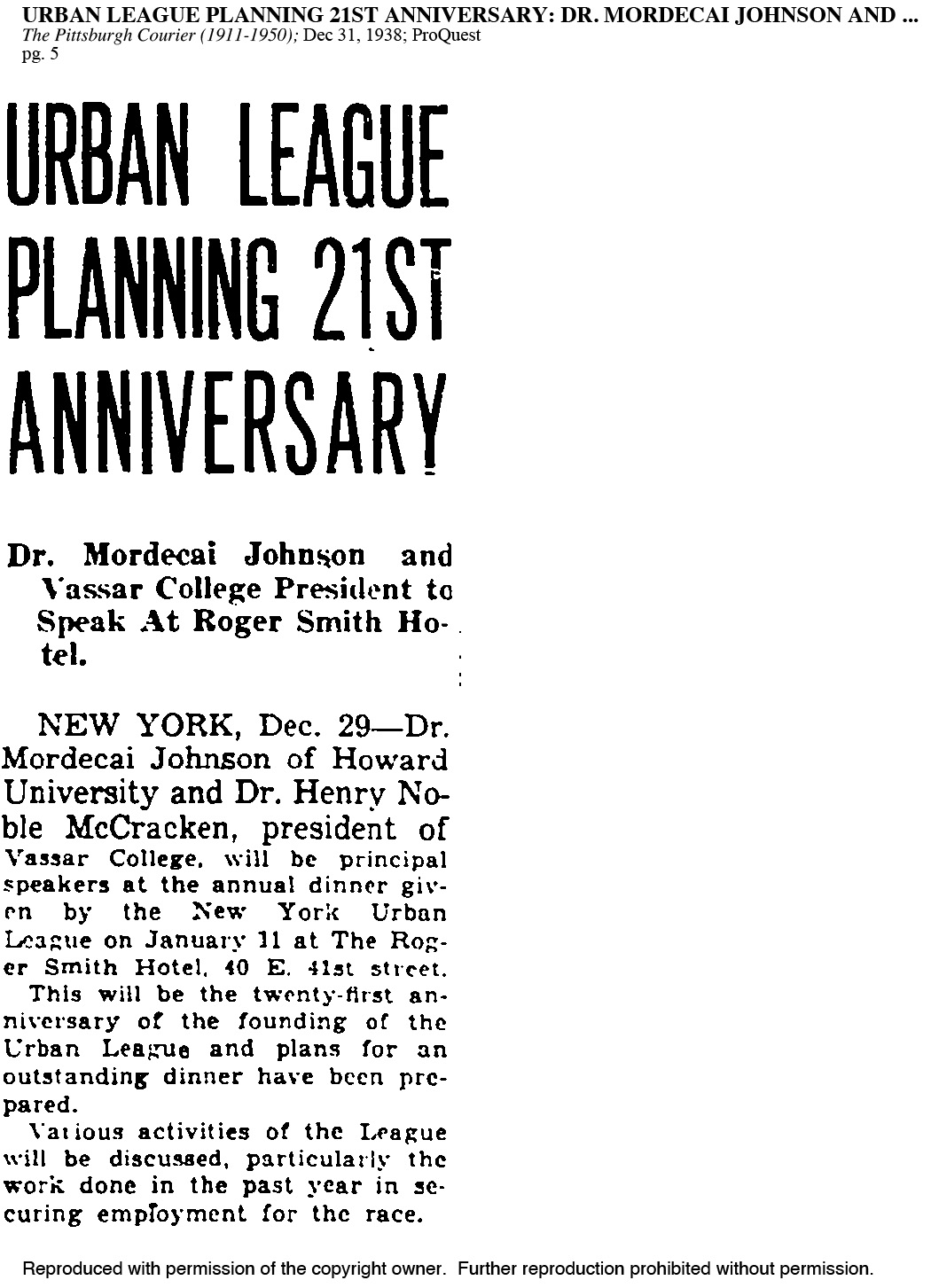 Original article scan for Urban League Planning 21st Anniversary; The Pittsburgh Courier (1911-1950); Dec 31, 1938; ProQuest pg. 5