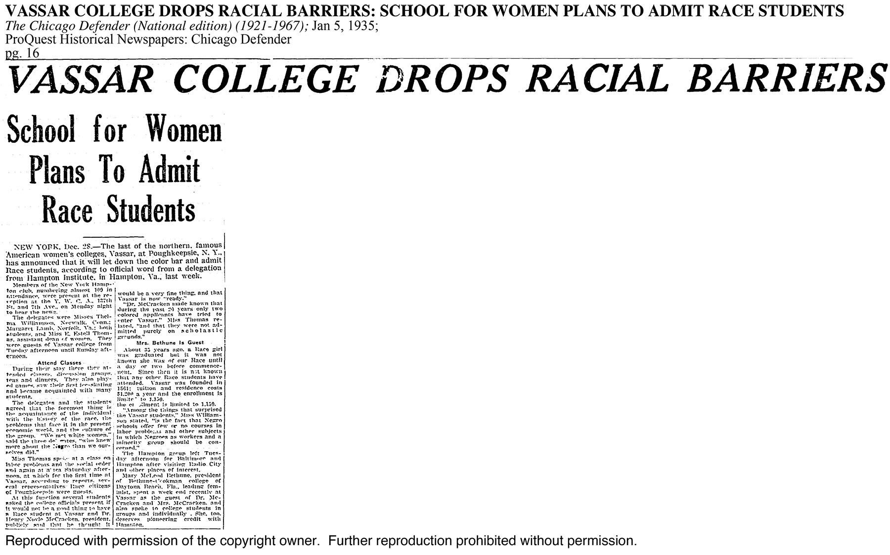 Original article scan for Vassar College Drops Racial Barriers: School for Women Plans to Admit Race Students; The Chicago Defender (National edition) (1921-1967); Jan 5, 1935; ProQuest Historical Newspapers: Chicago Defender pg. 16
