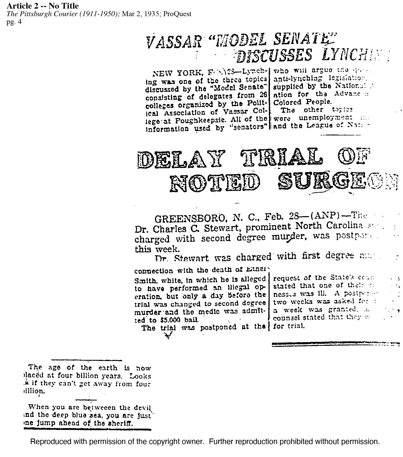 Original article scan for Vassar Model Senate Discusses Lynching; The Pittsburgh Courier (1911-1950); Mar 2, 1935; ProQuest pg. 4
