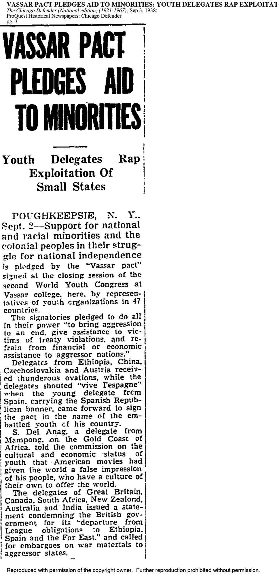 Original article scan for Vassar Pact Pledges Aid to Minorities: Youth Delegates Rap Exploitation of Small States; The Chicago Defender (National edition) (1921-1967); Sep 3, 1938; ProQuest Historical Newspapers: Chicago Defender pg. 3