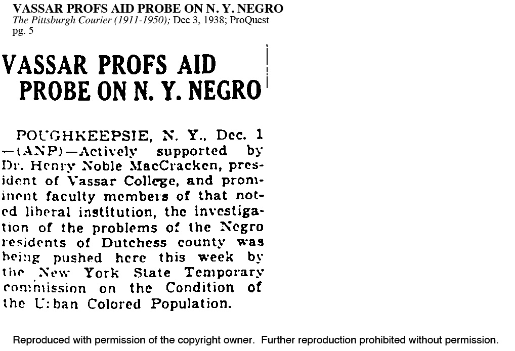 Original article scan for Vassar Profs Aid Probe on NY Negro; The Pittsburgh Courier (1911-1950); Dec 3, 1938; ProQuest pg. 5