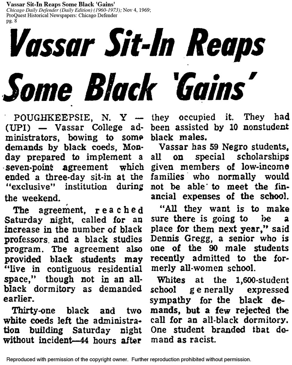 Original article scan for Vassar Sit-In Reaps Some Black 'Gains'; Chicago Daily Defender (Daily Edition) (1960-1973); Nov 4, 1969; ProQuest Historical Newspapers: Chicago Defender pg. 8.