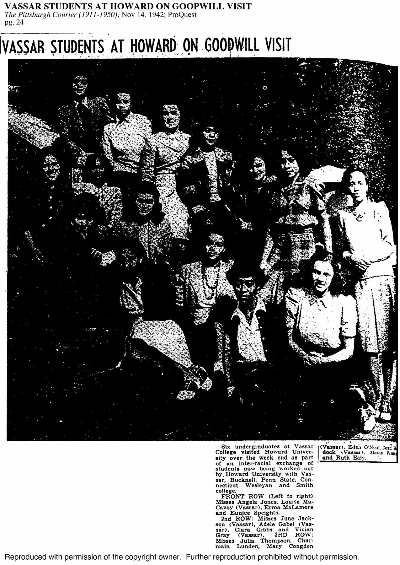 Original article scan for Vassar Students at Howard on Goodwill Visit; The Pittsburgh Courier (1911-1950); Nov 14, 1942; ProQuest pg. 24.