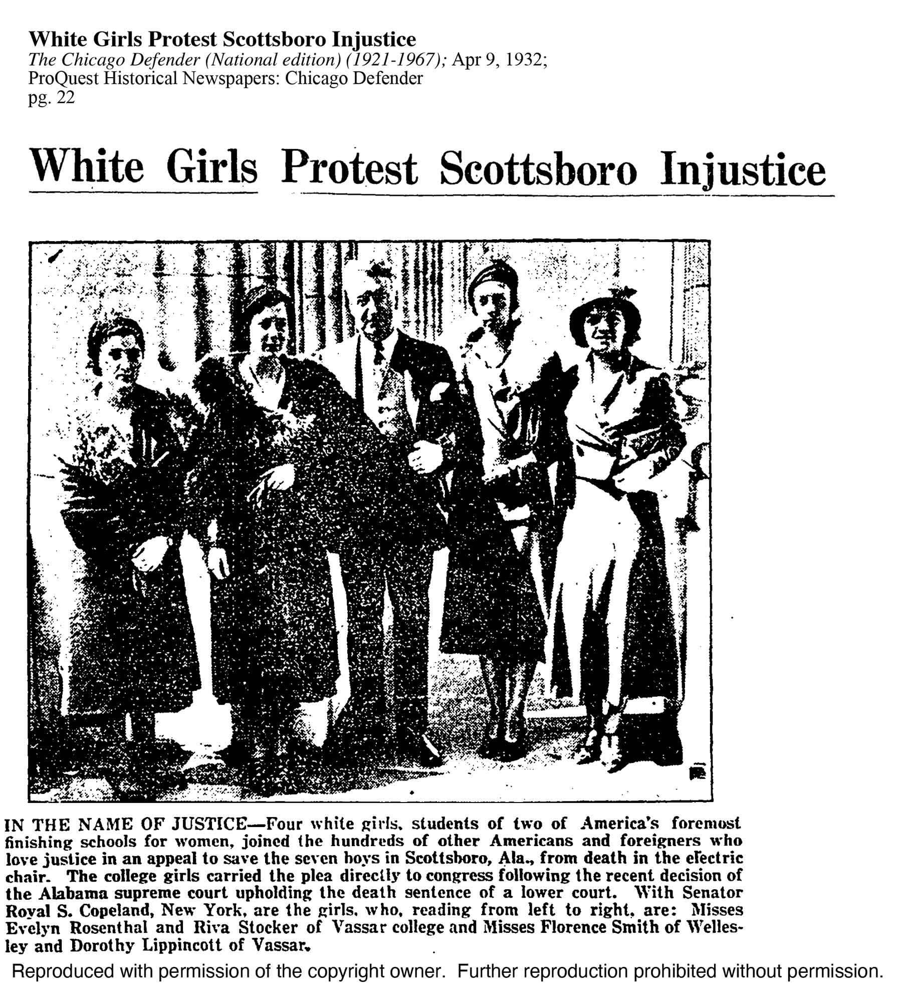 Original article scan for White Girls Protest Scottsboro Injustice; The Chicago Defender (National edition) (1921-1967); Apr 9, 1932; ProQuest Historical Newspapers: Chicago Defender